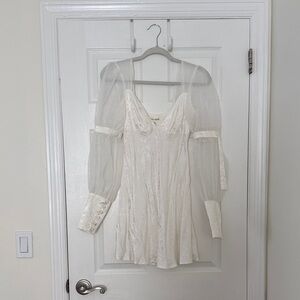 Sheer Long-Sleeve Ivory Mini Dress